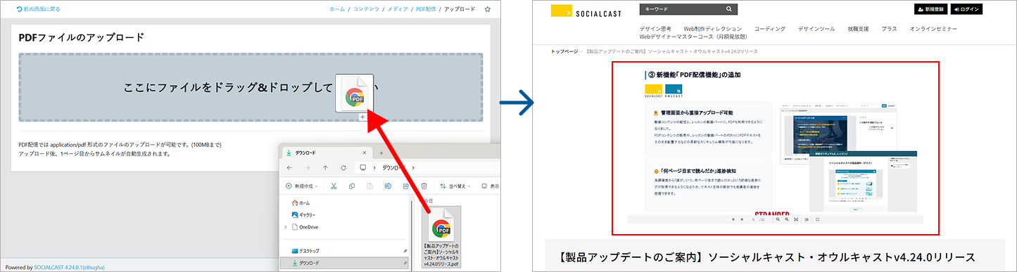図:ソーシャルキャスト管理画面「PDFファイルのアップロード」画面およびフロント側のPDF閲覧画面